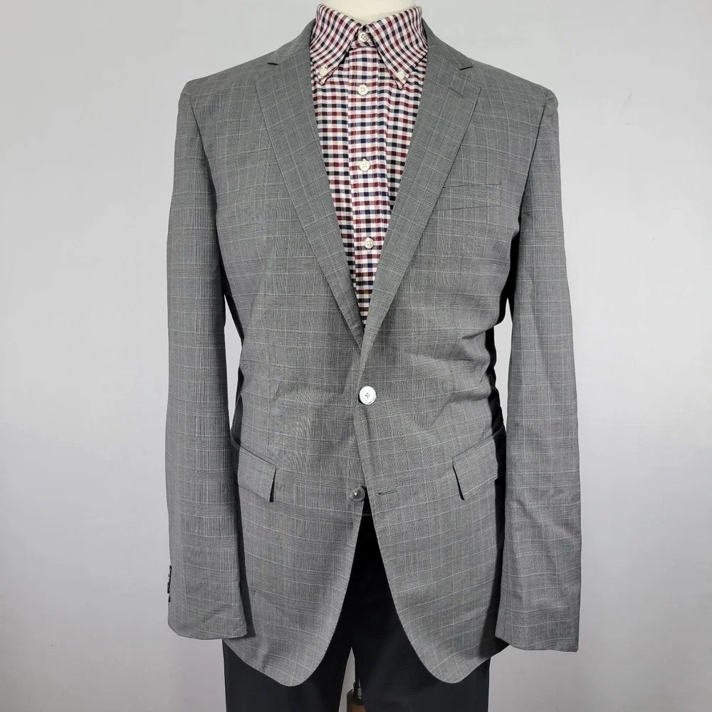 Hugo‎ Boss Men's Sport Coat Blazer Two Button Gray Glen Plaid Wool Size 42L